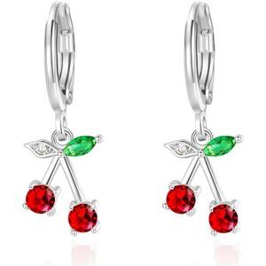 Cherry Earrings  Simulated Gemstone Drop Dangle, Platinum/Rose Gold, Cherry Gift